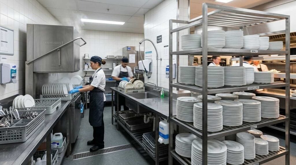 Porcelain vs Stoneware vs Melamine: Which Tableware Lasts Longest in a Busy Restaurant? 1 Commercial passthrough dishwasher washing restaurant crockery plates
