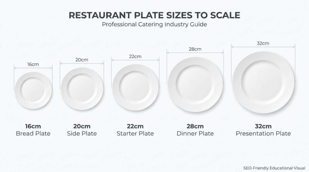 How to Choose the Right Plate Size for Your Menu: A Chef's Guide 1 Commercial restaurant plate size chart showing bread plate, side plate, starter plate, dinner plate and presentation plate dimensions