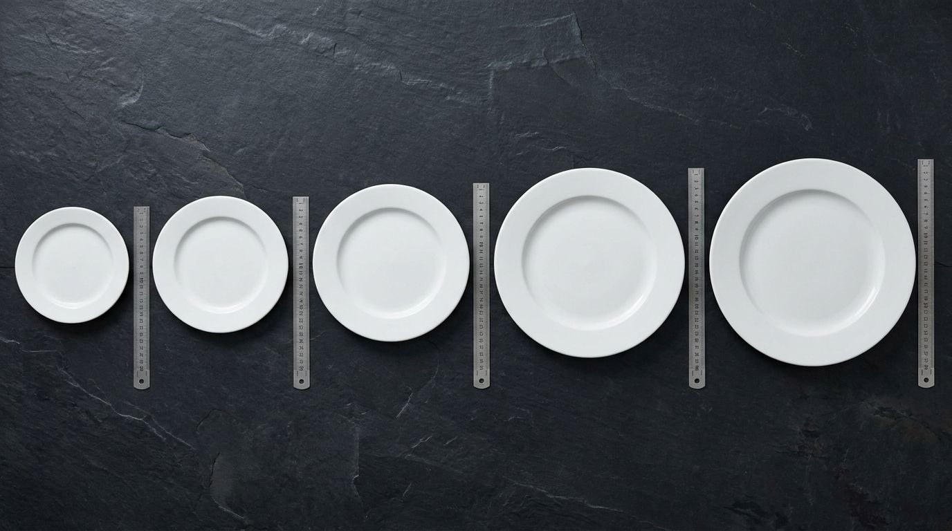 Restaurant plate sizes guide showing five commercial plate types from 15cm to 32cm used in UK hospitality