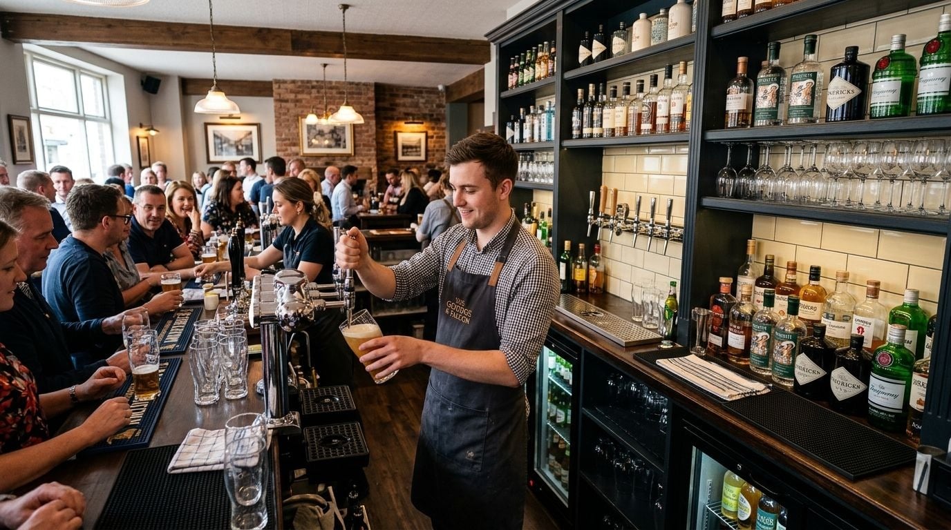 Bar staff handling commercial glassware safely in a busy UK pub