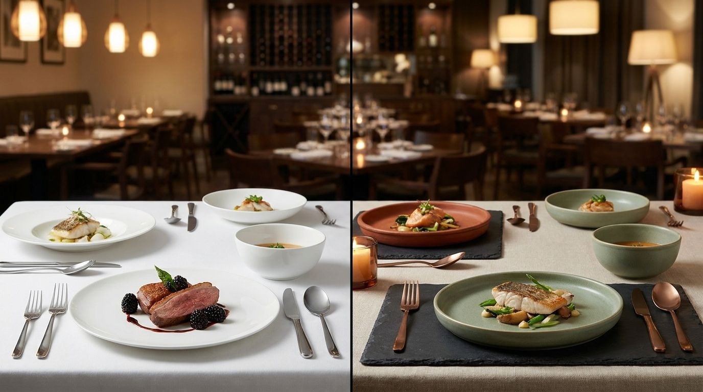 Split table showing white vs coloured crockery in restaurant setting
