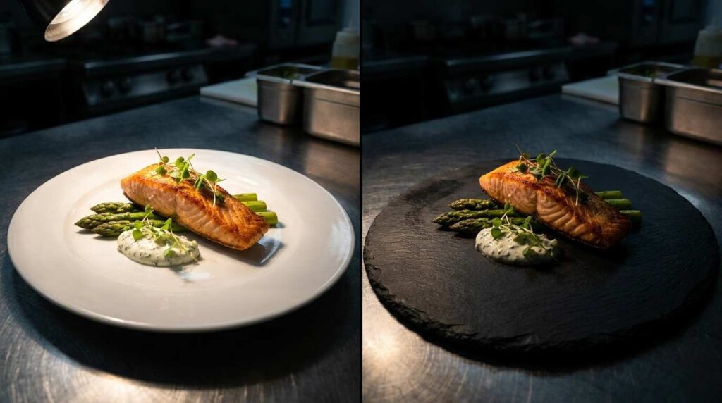 Coloured vs White Crockery: What Does Your Tableware Say About Your Restaurant Brand? 2 Same dish shown on white plate and dark plate for contrast comparison