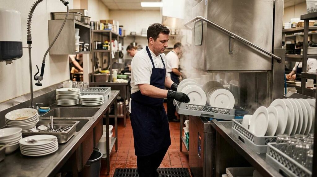 How to Calculate How Much Crockery a Restaurant Needs: The Definitive Formula 2 Commercial dishwasher processing restaurant plates during service