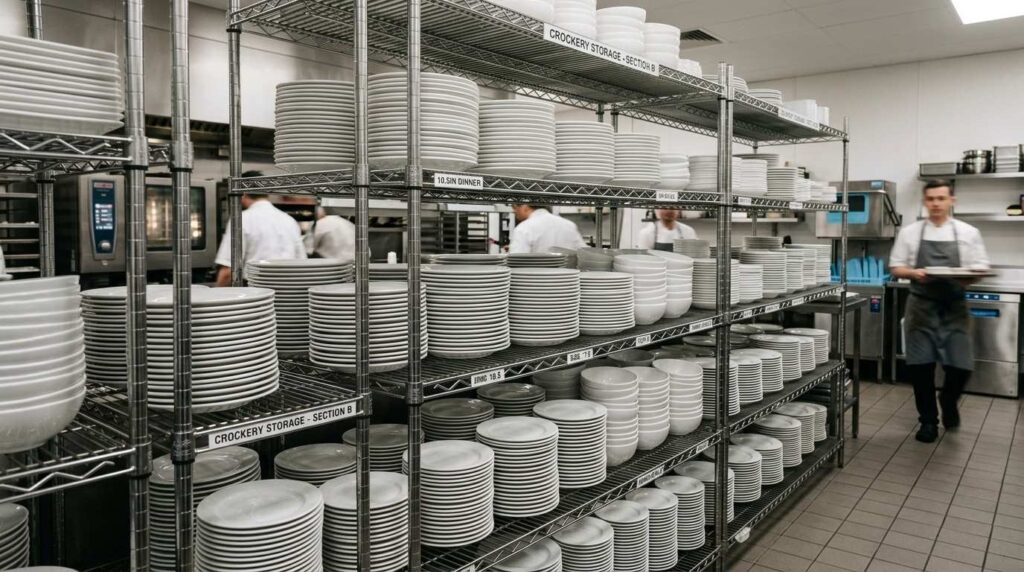 How to Calculate How Much Crockery a Restaurant Needs: The Definitive Formula 4 Restaurant crockery organised on storage shelves in a commercial kitchen