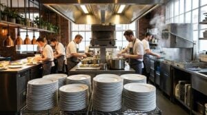 Commercial restaurant crockery stacked and ready for service in a professional kitchen