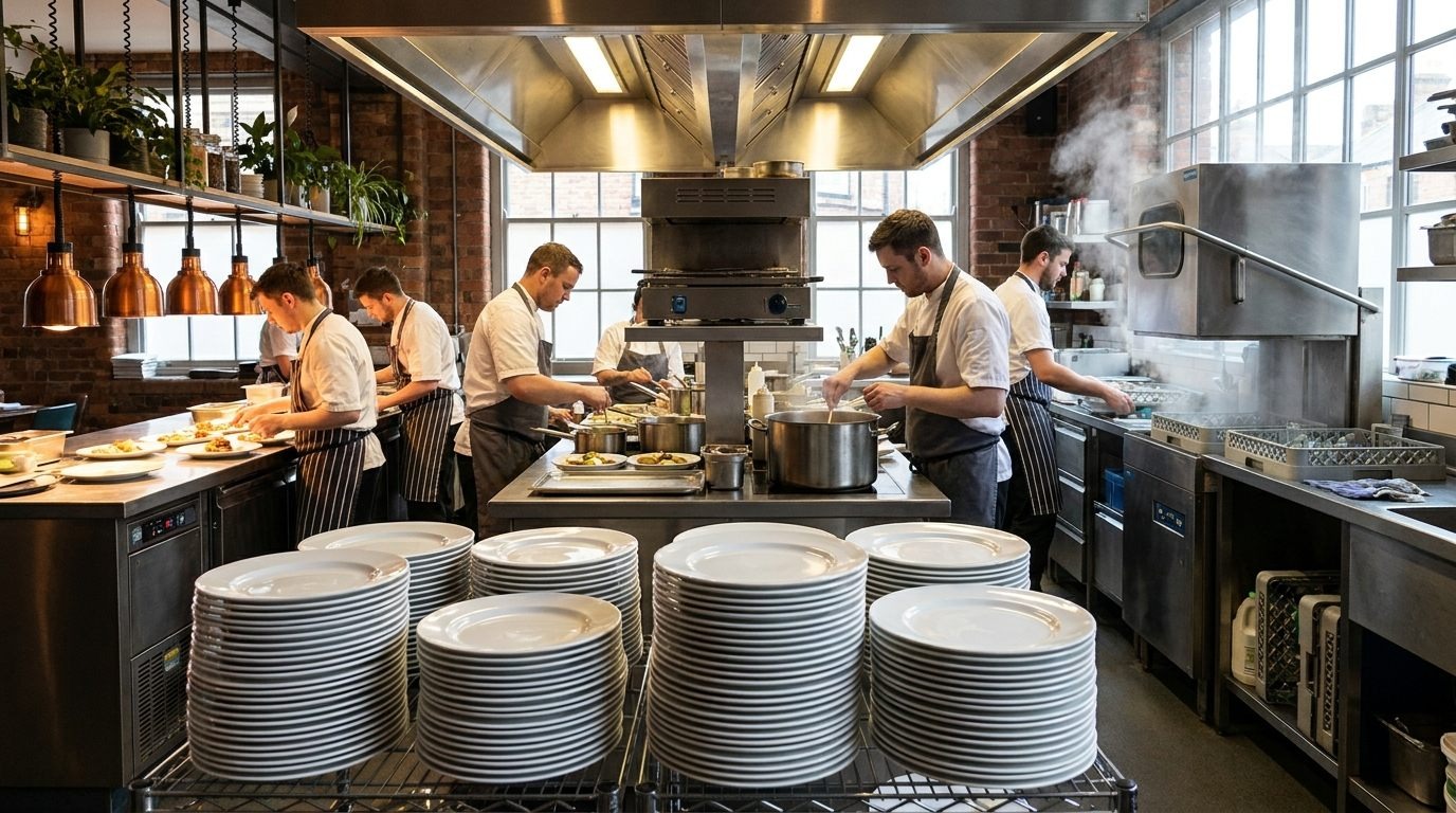 Commercial restaurant crockery stacked and ready for service in a professional kitchen