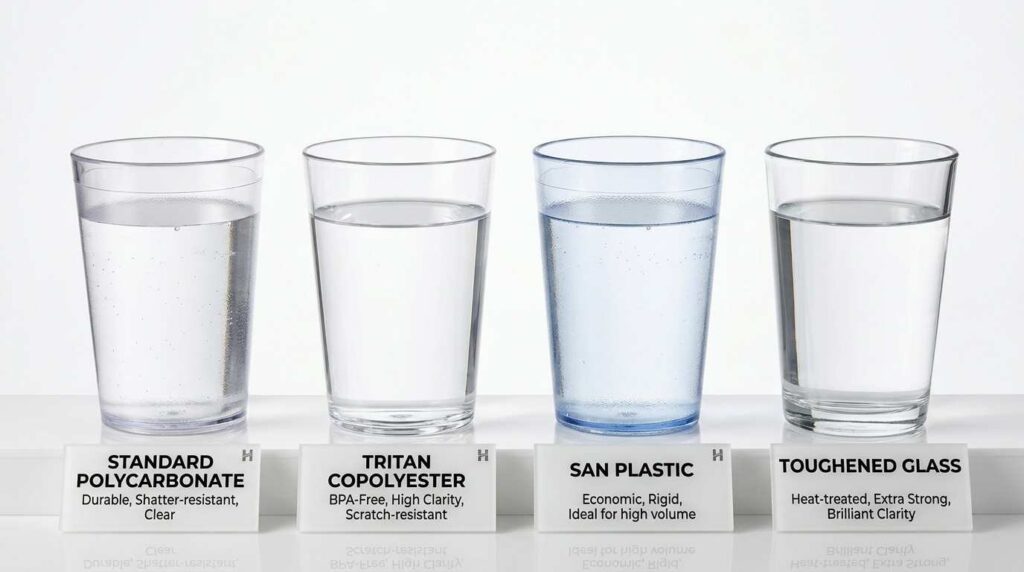 Polycarbonate vs Glass: The Definitive Comparison for Hospitality Venues 1 Comparison of polycarbonate Tritan SAN and glass drinkware materials
