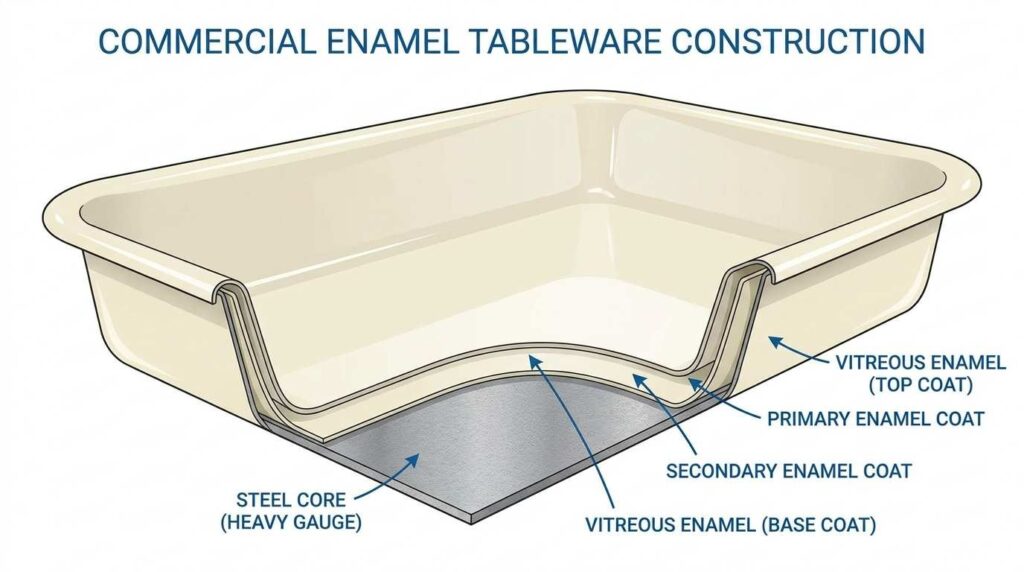 Enamel Tableware for Pubs & Casual Dining: Pros, Cons & Best Picks UK 1 Cross-section illustration showing vitreous enamel coating fused to a steel base