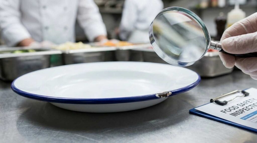 Enamel Tableware for Pubs & Casual Dining: Pros, Cons & Best Picks UK 2 Close-up of chipped enamel tableware showing exposed steel beneath the enamel coating