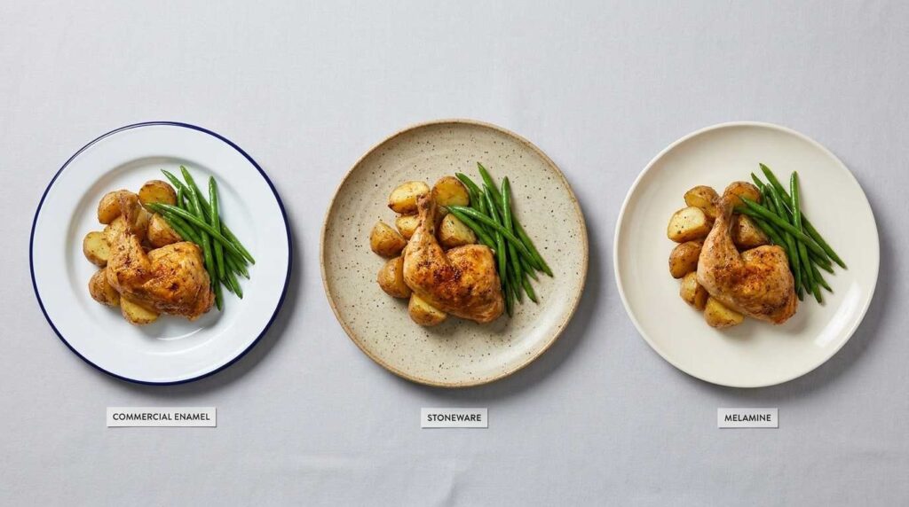 Enamel Tableware for Pubs & Casual Dining: Pros, Cons & Best Picks UK 4 Side-by-side comparison of enamel, stoneware and melamine plates used in commercial food service
