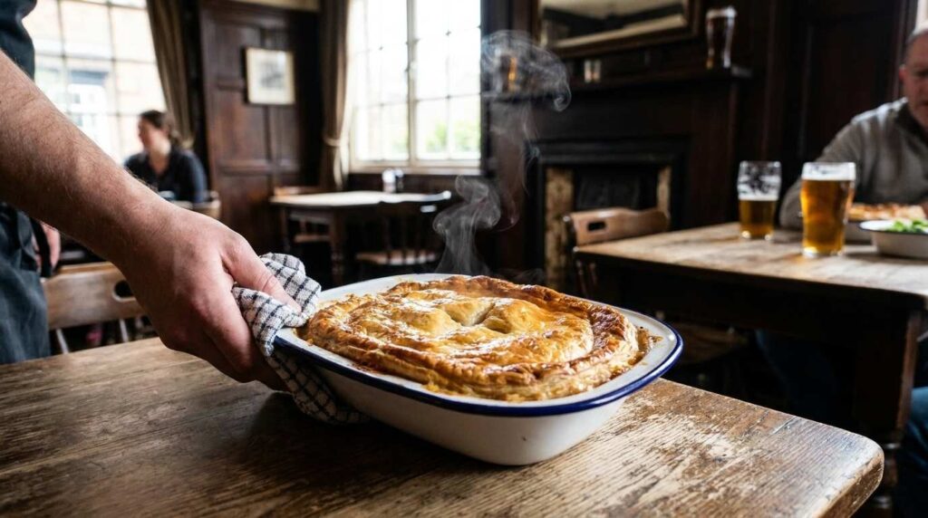 Enamel Tableware for Pubs & Casual Dining: Pros, Cons & Best Picks UK 3 Freshly baked pie served directly from the oven in an enamel pie dish at a pub table