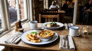 Enamel pie dishes, plates and mugs used for food service in a modern UK gastropub