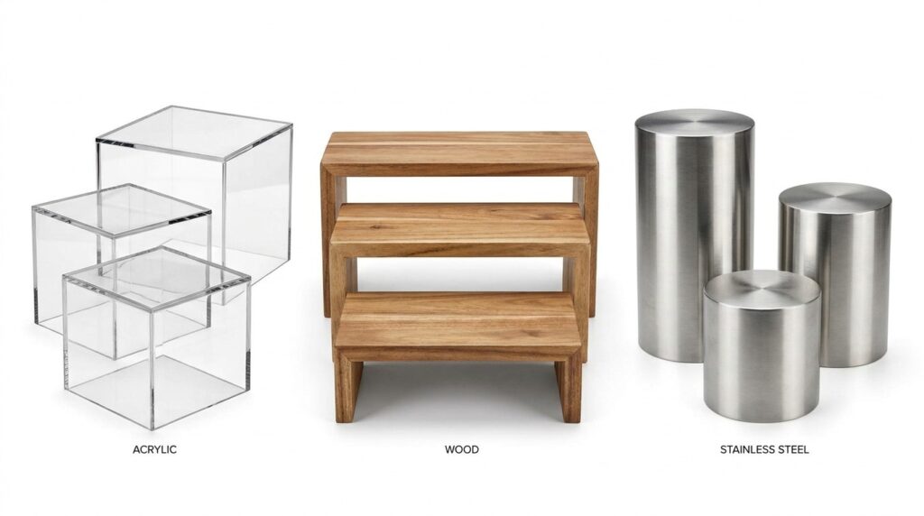 Buffet Riser & Display Equipment Guide: How to Make Your Food Spread Look Professional 1 Comparison of acrylic wooden and stainless steel buffet risers used in cat