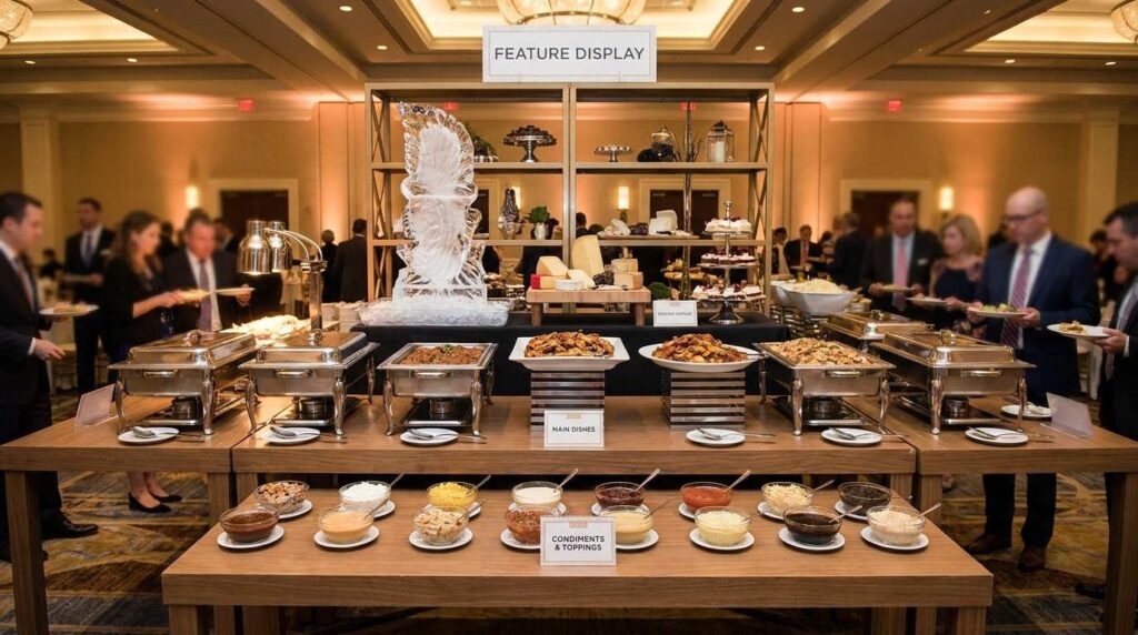 Buffet Riser & Display Equipment Guide: How to Make Your Food Spread Look Professional 2 Three level buffet setup showing front middle and rear display heights