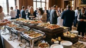 Professional buffet display with risers, chafing dishes and serving stations at a UK catering event