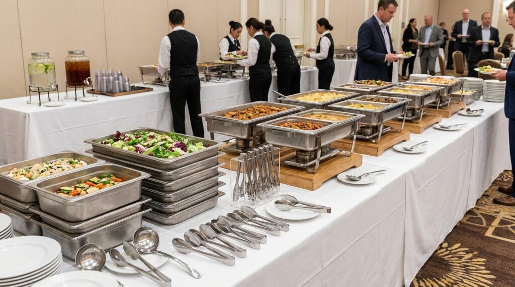 Buffet Riser & Display Equipment Guide: How to Make Your Food Spread Look Professional 3 Buffet equipment arrangement for one hundred guests including risers chafing dishes and serving utensils