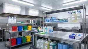 Commercial kitchen cleaning supplies and hygiene products in a UK catering kitchen