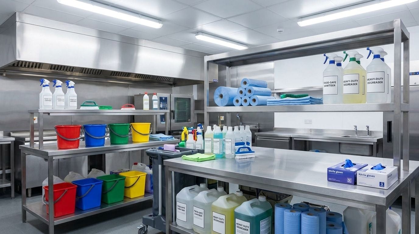 Commercial kitchen cleaning supplies and hygiene products in a UK catering kitchen