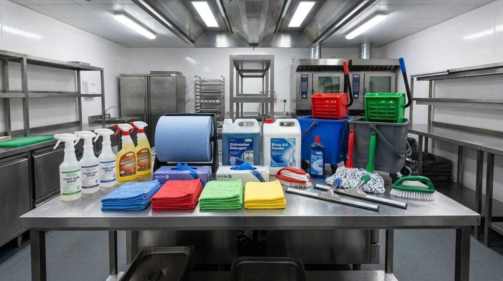 Commercial Kitchen Cleaning & Hygiene Supplies: The UK Catering Guide (2026) 1 Commercial kitchen cleaning supplies for food preparation, dishwashing and floor cleaning in a UK catering kitchen