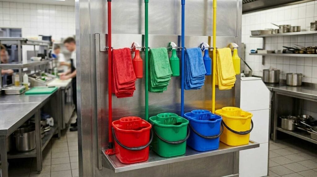 Commercial Kitchen Cleaning & Hygiene Supplies: The UK Catering Guide (2026) 4 UK colour coded cleaning equipment for preventing cross contamination in commercial kitchens