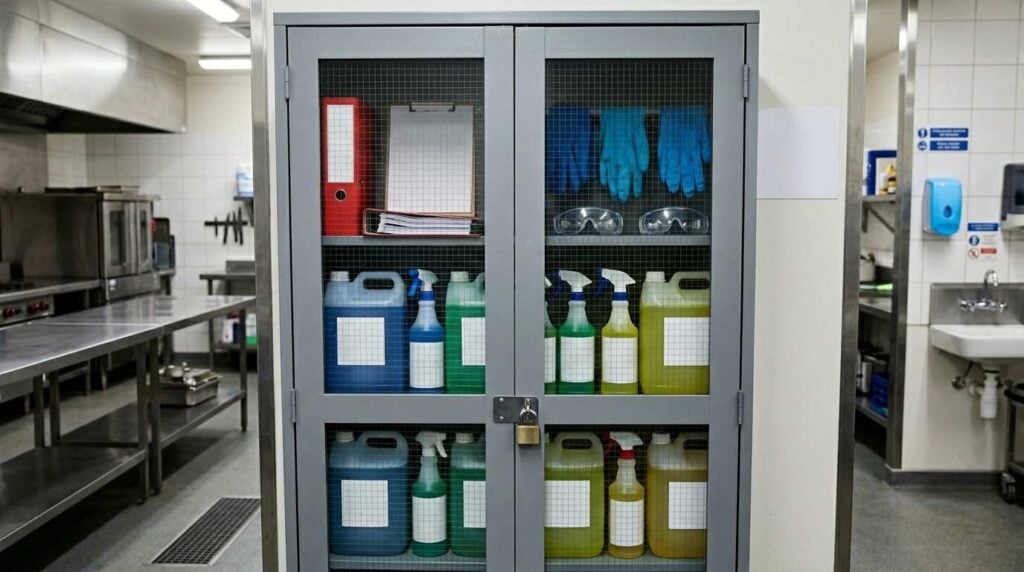Commercial Kitchen Cleaning & Hygiene Supplies: The UK Catering Guide (2026) 3 Commercial kitchen cleaning chemicals with COSHH safety data sheets and protective equipment