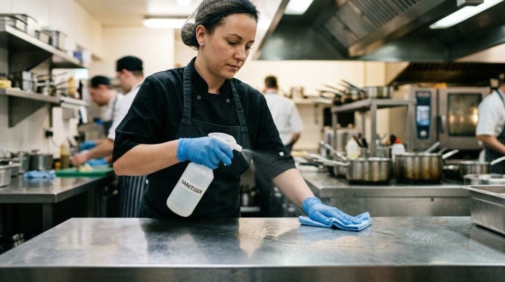 Commercial Kitchen Cleaning & Hygiene Supplies: The UK Catering Guide (2026) 2 Staff sanitising a commercial kitchen worktop with EN 1276 certified food safe sanitiser