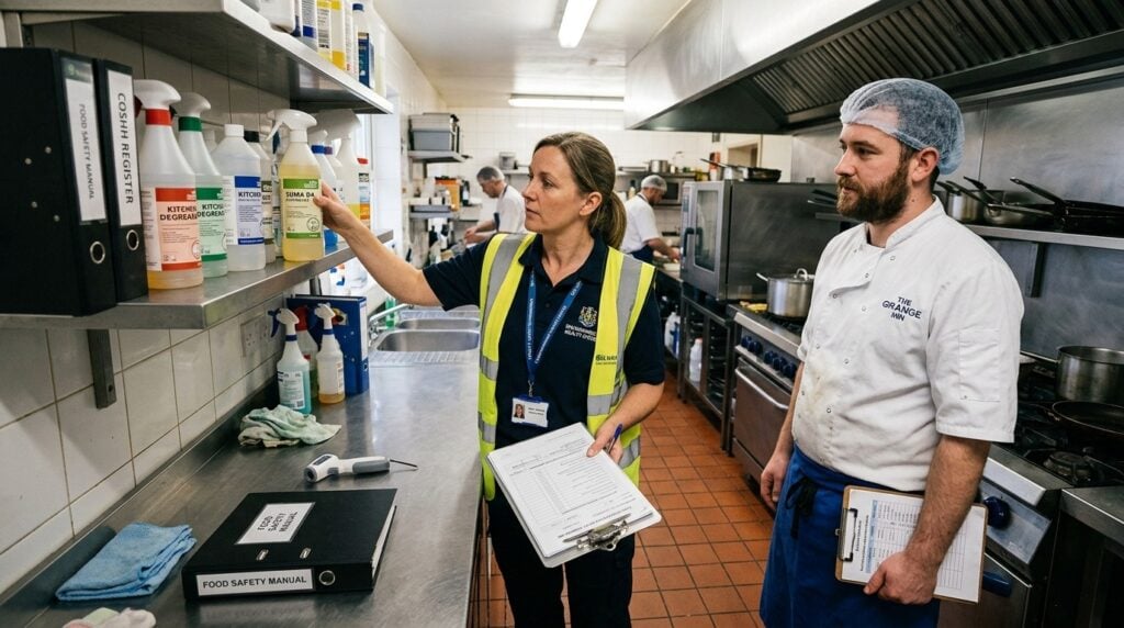 EHO officer checking cleaning standards and disinfectant products in restaurant kitchen