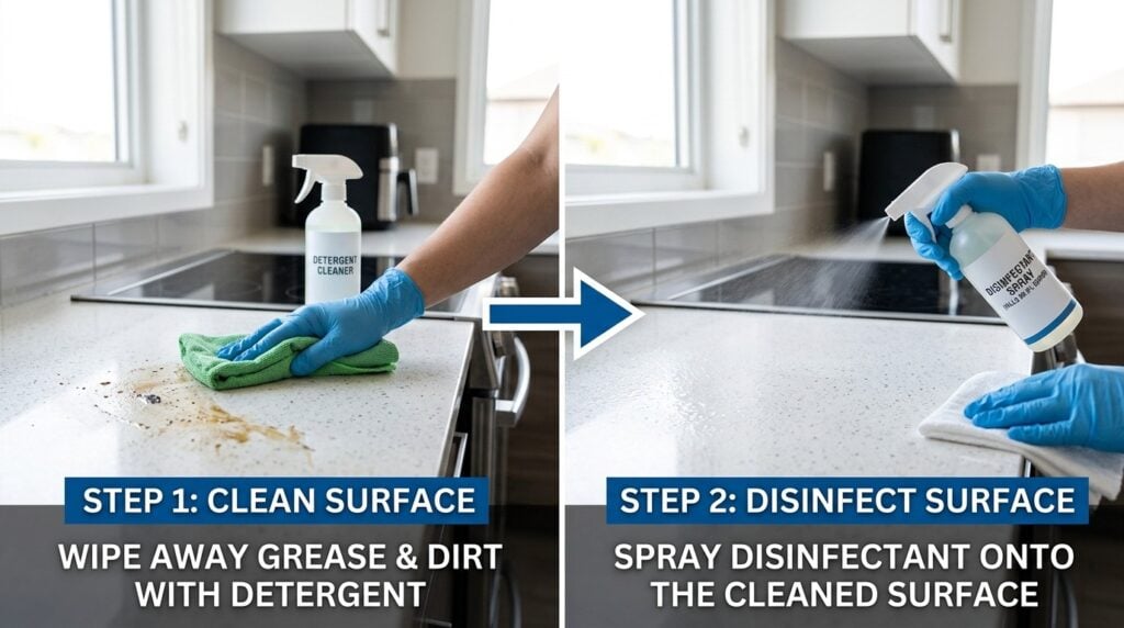 Step by step, cleaning and disinfecting the food preparation surface in the kitchen