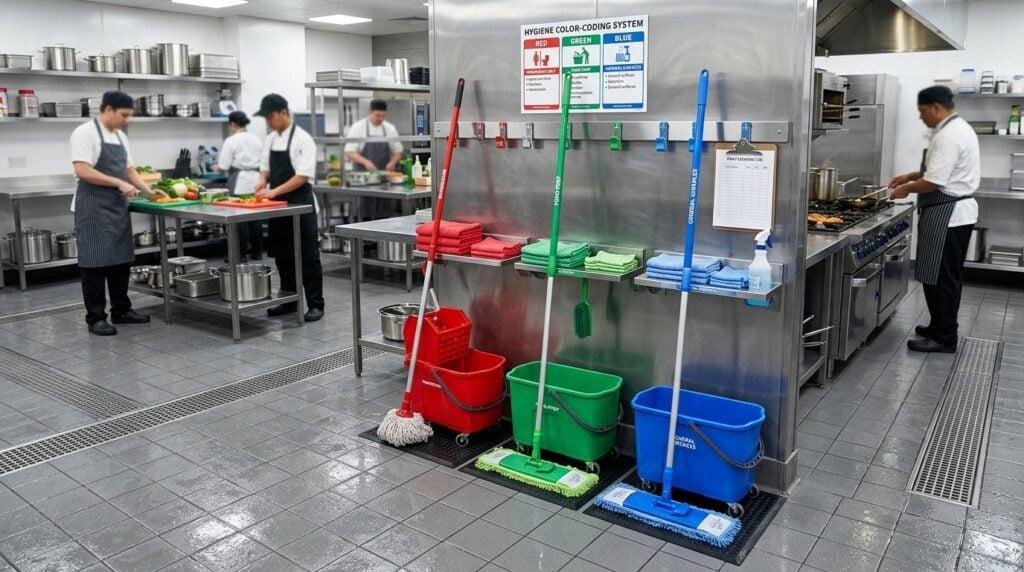Colour-coded mops and cloths are used for different hygiene zones in the restaurant kitchen
