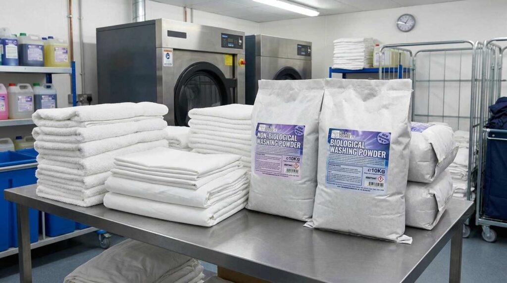 Bio vs Non-Bio Washing Powder for Hospitality Linen: Which Should You Use? 3 Commercial laundry detergent and clean hospitality linen supplies