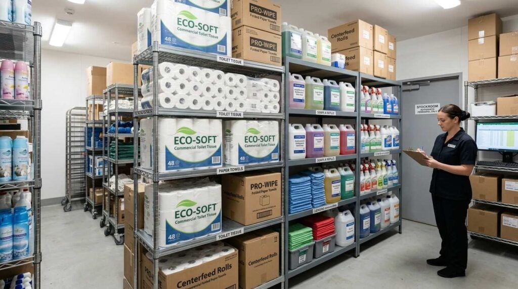Bulk washroom supplies stored for hospitality venues