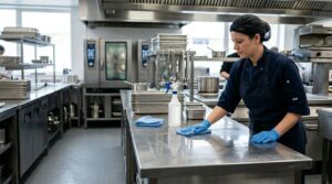 Commercial kitchen worker sanitising a stainless steel worktop with IPA cleaning solution.