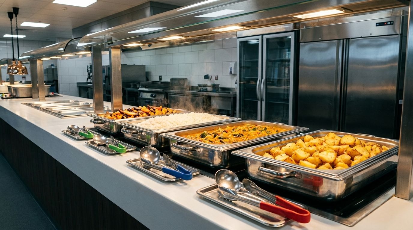 Professional buffet station using spoodles and serving utensils in a commercial catering environment.