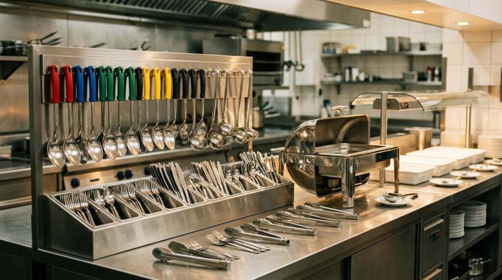 Spoodles, Serving Spoons & Buffet Cutlery: What Caterers Actually Need 7 Commercial catering serving utensils organised for buffet service.