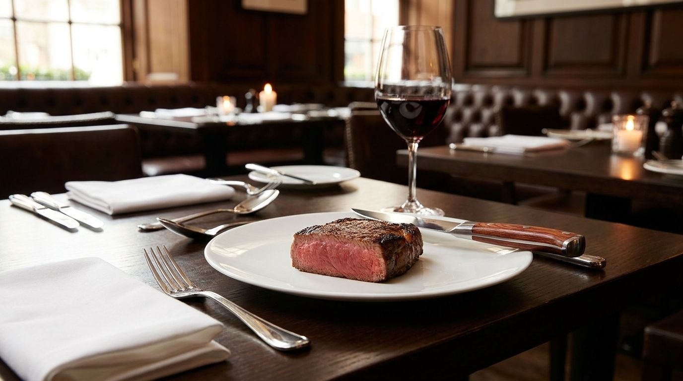 Premium stainless steel steak knife on a professionally set restaurant table beside a steak.