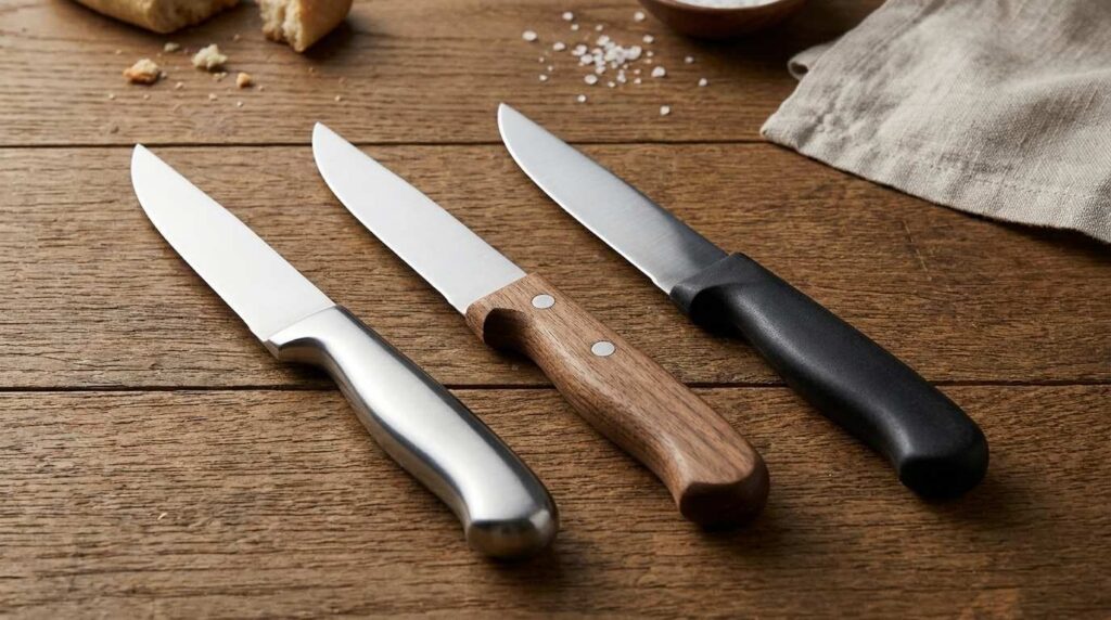 Steak Knife Sets for Restaurants: A Buyer's Guide to Blade, Handle & Maintenance 3 Stainless steel, wooden and resin handle steak knives for commercial restaurants.