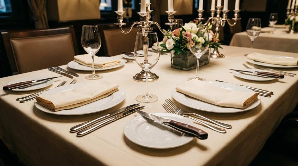 Steak Knife Sets for Restaurants: A Buyer's Guide to Blade, Handle & Maintenance 6 Coordinated restaurant table setting featuring matching steak knives and cutlery.
