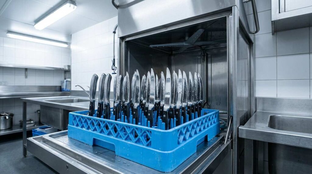Steak Knife Sets for Restaurants: A Buyer's Guide to Blade, Handle & Maintenance 4 Steak knives safely arranged inside a commercial dishwasher rack.