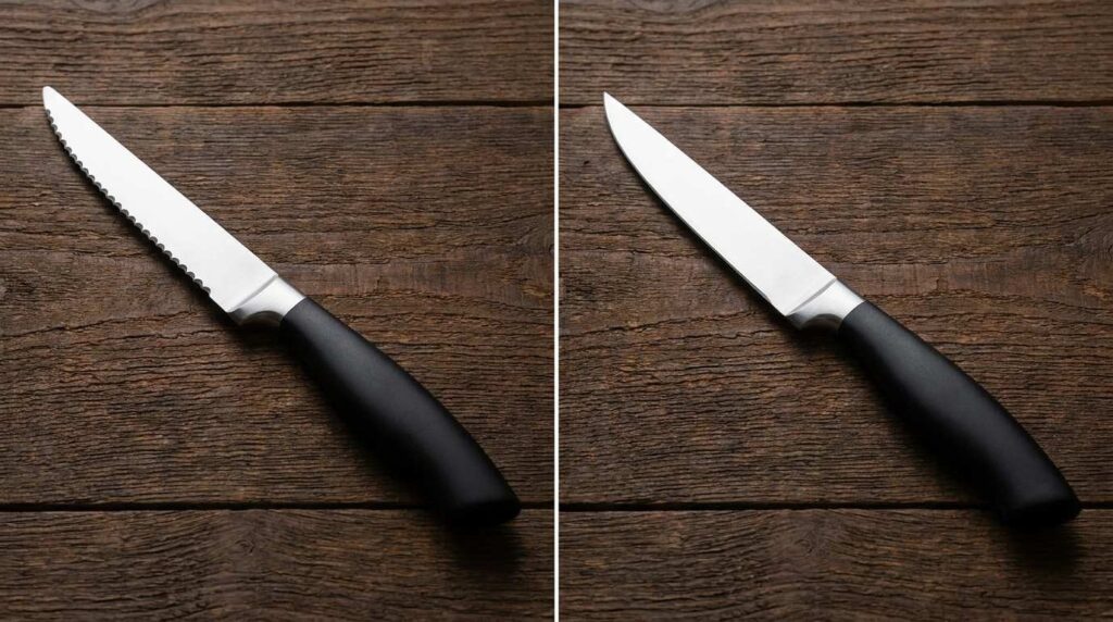Steak Knife Sets for Restaurants: A Buyer's Guide to Blade, Handle & Maintenance 1 Serrated and straight-edge steak knives compared for restaurant use.
