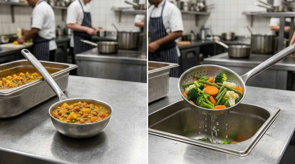 Spoodles, Serving Spoons & Buffet Cutlery: What Caterers Actually Need 3 Solid and perforated spoodle bowls for different buffet foods.