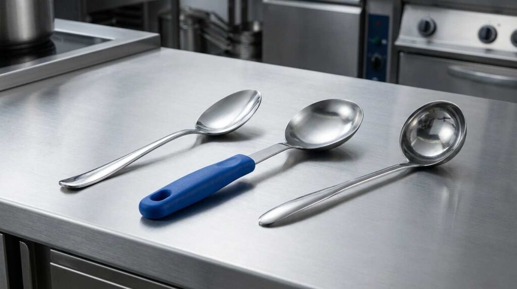 Spoodles, Serving Spoons & Buffet Cutlery: What Caterers Actually Need 1 Commercial spoodle compared with a serving spoon and ladle.