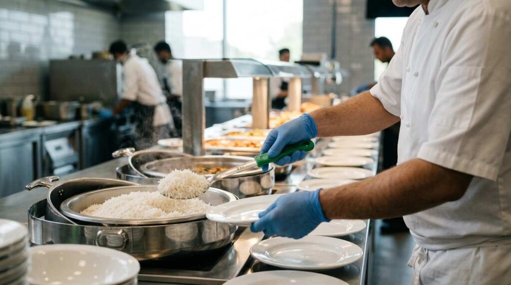 Spoodles, Serving Spoons & Buffet Cutlery: What Caterers Actually Need 5 Chef using a colour-coded spoodle for consistent buffet portion control.